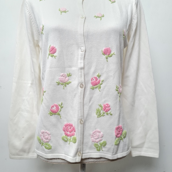 Crystal-Kobe Women's White Sweater Cardigan Pink Flower Embroidery Petite M - Picture 3 of 16